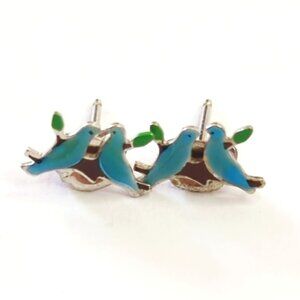 Vintage Sterling Silver Enamel Blue Love Bird Stud Earrings Signed Kent